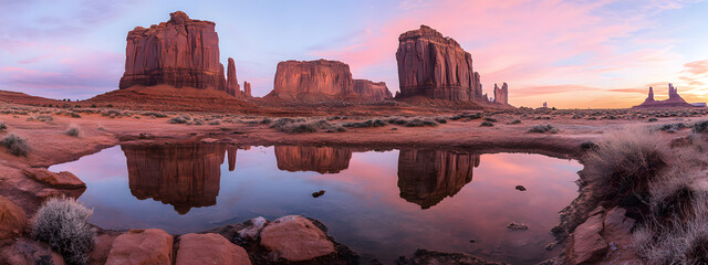 A panoramic photo of the scene, the honeycomb rock formations in shades of red and orange, with water reflecting their colors
