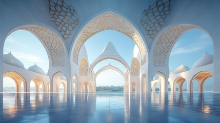 Serene architectural beauty of intricate arches reflecting sunlight over tranquil waters