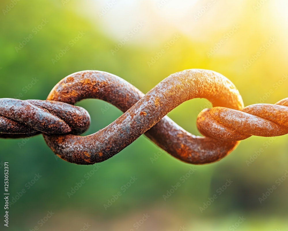 Poster captivating rusty chain link forming a symbolic infinity sign in nature's warm glow
