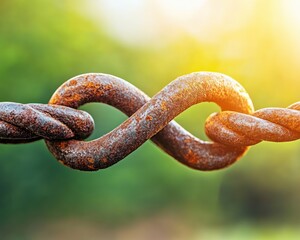 Fototapeta premium Captivating Rusty Chain Link Forming a Symbolic Infinity Sign in Nature's Warm Glow