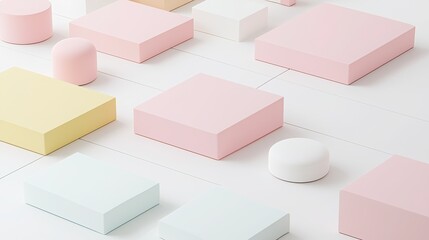 Colorful geometric shapes arranged on a white surface create a playful modern aesthetic.