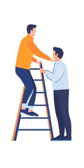 Illustration of teamwork: man on ladder assisted by another, symbolizing support.