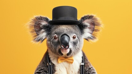 Fototapeta premium A cute and cuddly koala wearing a top hat and bow tie. The koala is looking at the camera with a curious expression. It is wearing suspenders.