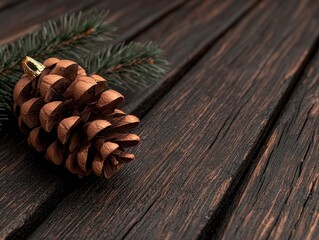 Pine cone on wooden surface with evergreen branch.