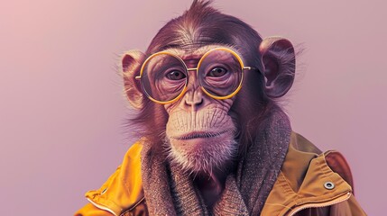 Fototapeta premium A close-up portrait of a monkey wearing eyeglasses and a yellow jacket.
