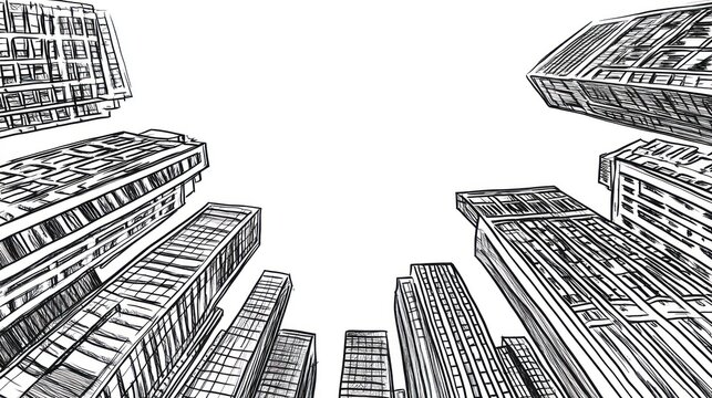 Cityscape sketch, looking up at skyscrapers, urban background, architectural drawing, illustration, for graphic design or web