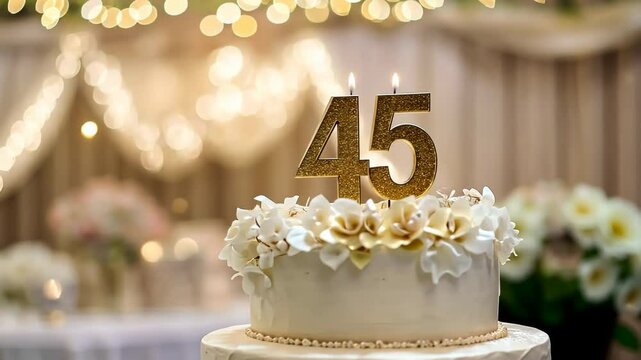 45th birthday cake adorned a gold accents. Birthday party. Blurred light festive background. Golden balloons. Forty five years, Forty-fifth anniversary. Celebration cake, golden candles. Numbers 45