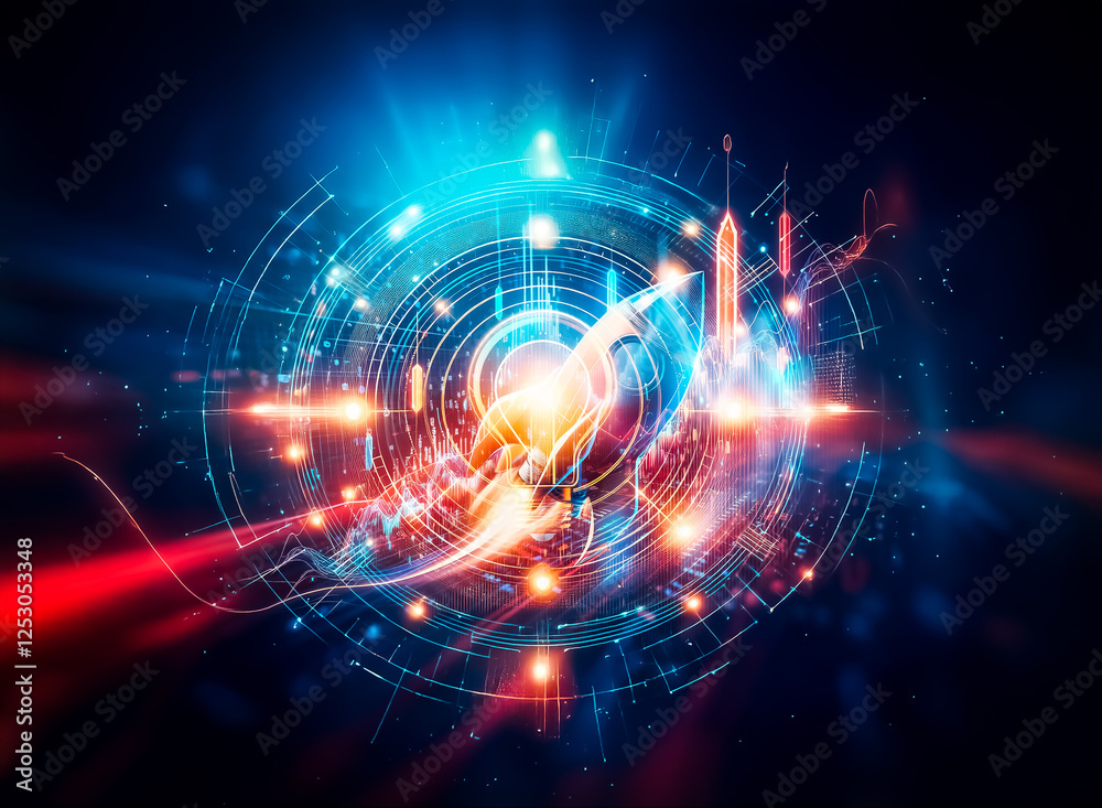 Poster vibrant digital art depicts a dynamic rocket launch amidst glowing blue and orange hues. futuristic 