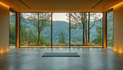 Empty yoga studio with forest and town view, ideal for meditation