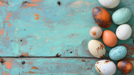A collection of beautifully decorated colorful eggs rests on a weathered turquoise wooden surface, embodying a playful and artistic display. Perfect for spring festivities or minimalist decor