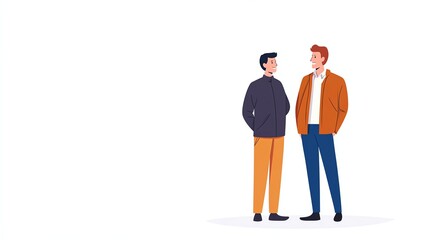 Two men engaging in conversation, standing against a plain background.