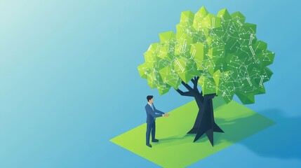 Isometric 3D Low Poly Style Illustration of Businessman Interacting with Tree in Modern Digital Environment