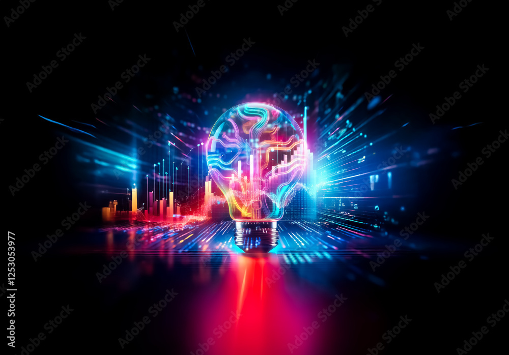 Poster vibrant abstract image featuring a glowing lightbulb shaped like a brain, illuminated with neon blue