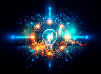 Obraz premium A radiant light bulb emits bright energy, surrounded by glowing circles and lines, symbolizing innovation and futuristic technology.