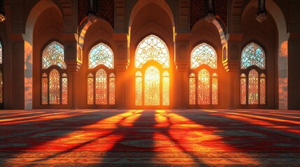 Majestic interior of a grand mosque at sunset, showcasing intricate arches and colorful light patterns