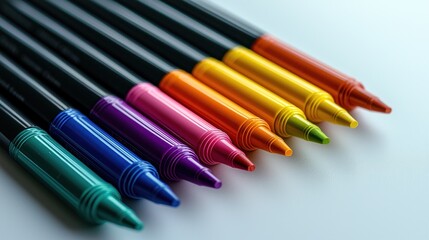 Fototapeta premium Colorful markers arranged in a gradient on a light background, showcasing vibrant hues