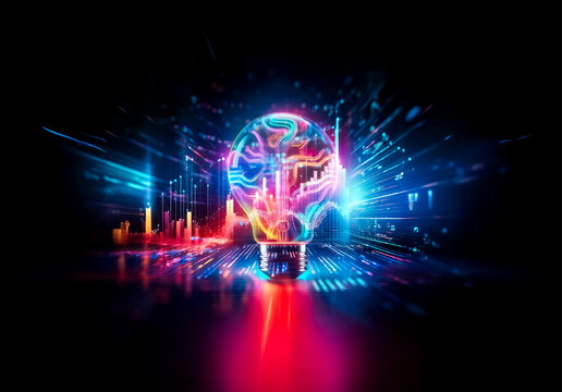Vibrant abstract image featuring a glowing lightbulb shaped like a brain, illuminated with neon blue, pink, red, and yellow lights against a dark backdrop. Streaks of light and geometric shapes add to