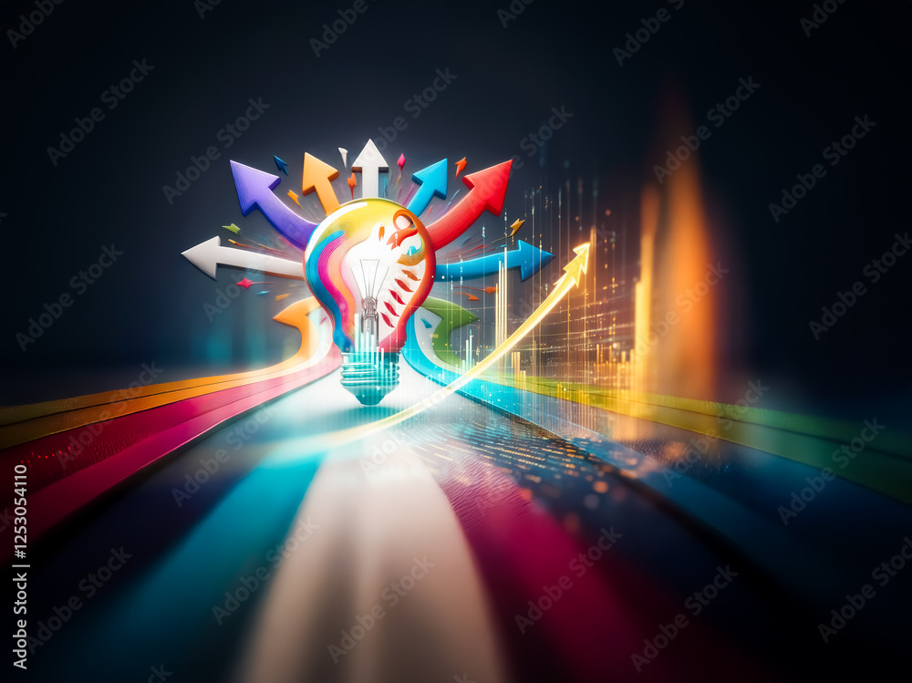 Aufkleber a vibrant lightbulb radiates bright ideas, surrounded by colorful arrows pointing in various directi