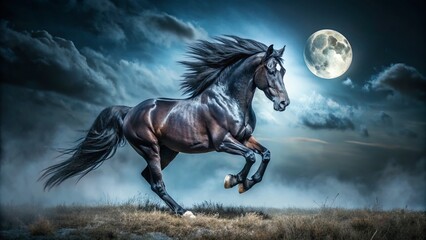 Obraz premium Majestic Black Stallion Running in Low Light - Dramatic Night Horse Photography