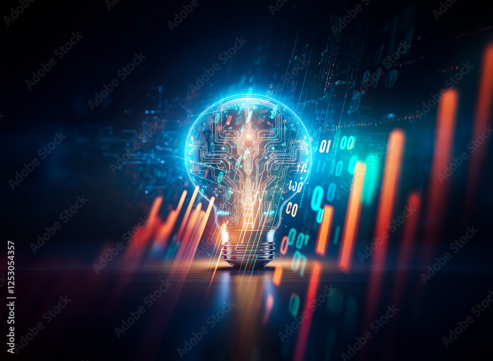Aufkleber A glowing light bulb filled with digital data stands against a dark backdrop, next to vibrant vertical bars, symbolizing innovation in a technological and growth-oriented context.