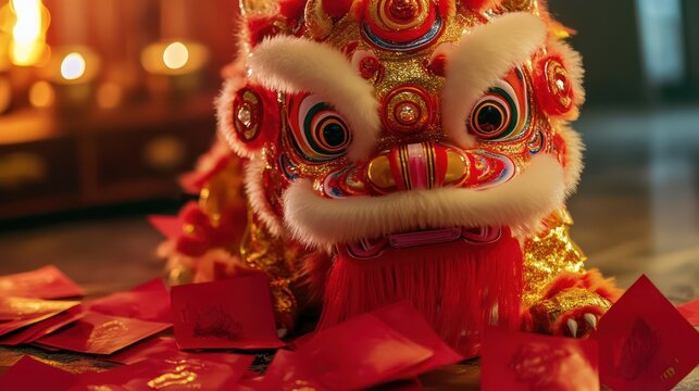 Lion Dance and Red Envelopes: A vibrant celebration of Chinese New Year. The lion's ornate costume and the symbolic red envelopes evoke the joy and prosperity associated with this cultural tradition.