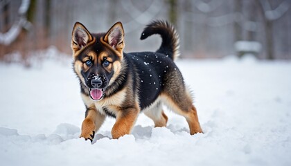 Naklejka premium Playful German Shepherd puppy playing in the snow with a joyful expression 