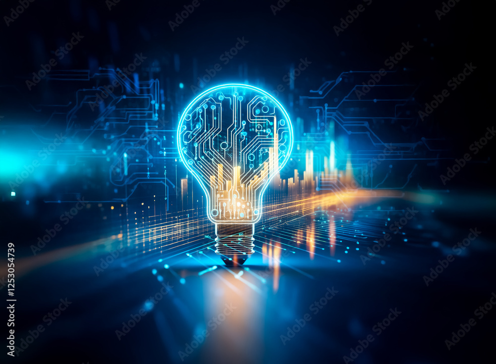 Poster luminous lightbulb containing a circuit board pattern, radiating blue and orange light on a dark dig