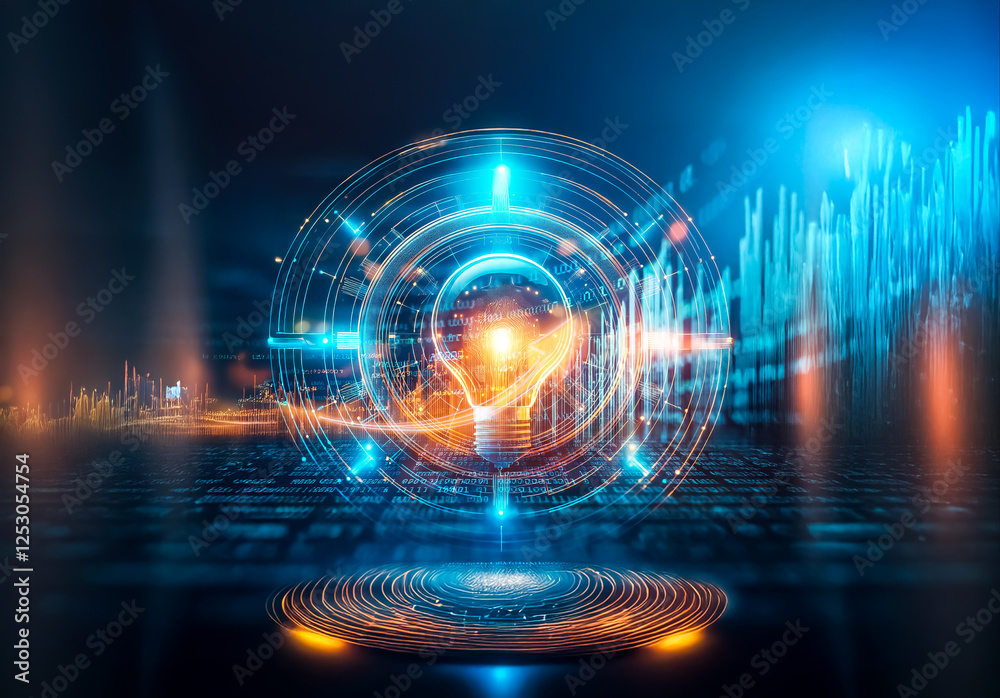 Poster a glowing light bulb is encircled by digital lines and bright lights, set against a dark backdrop wi