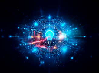 Bright lightbulb at the center of abstract digital circuitry and glowing energy lines on a dark backdrop. Represents innovation, technology, and ideas.