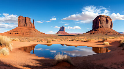 A panoramic photo of the scene, the honeycomb rock formations in shades of red and orange, with water reflecting their colors
