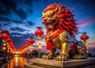 Fototapeta premium Majestic Chinese Lion Statue with Red Ribbon at Night