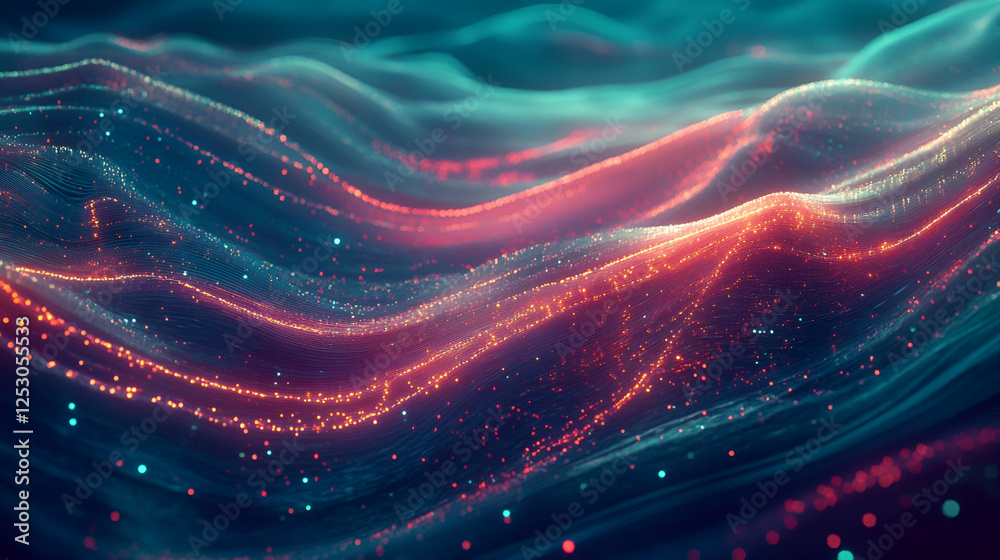 Sticker a fluid, wave-like digital pattern in blue and pink, illuminated with floating particles. it represe