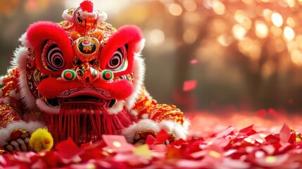 Lion Dance: A vibrant symbol of Chinese New Year, this majestic lion rests amidst celebratory red confetti, embodying good luck and prosperity.