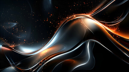 A black and gold fluid abstract wave reflecting light with a high-tech cyber feel. The metallic design represents deep learning frameworks, AI acceleration, and blockchain security integration.