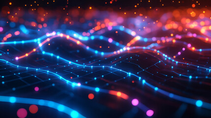 Obraz premium A high-speed blue and red neon data stream forming interconnected waves. The glowing cyber motion represents blockchain transactions, AI-powered learning, and quantum-powered acceleration.