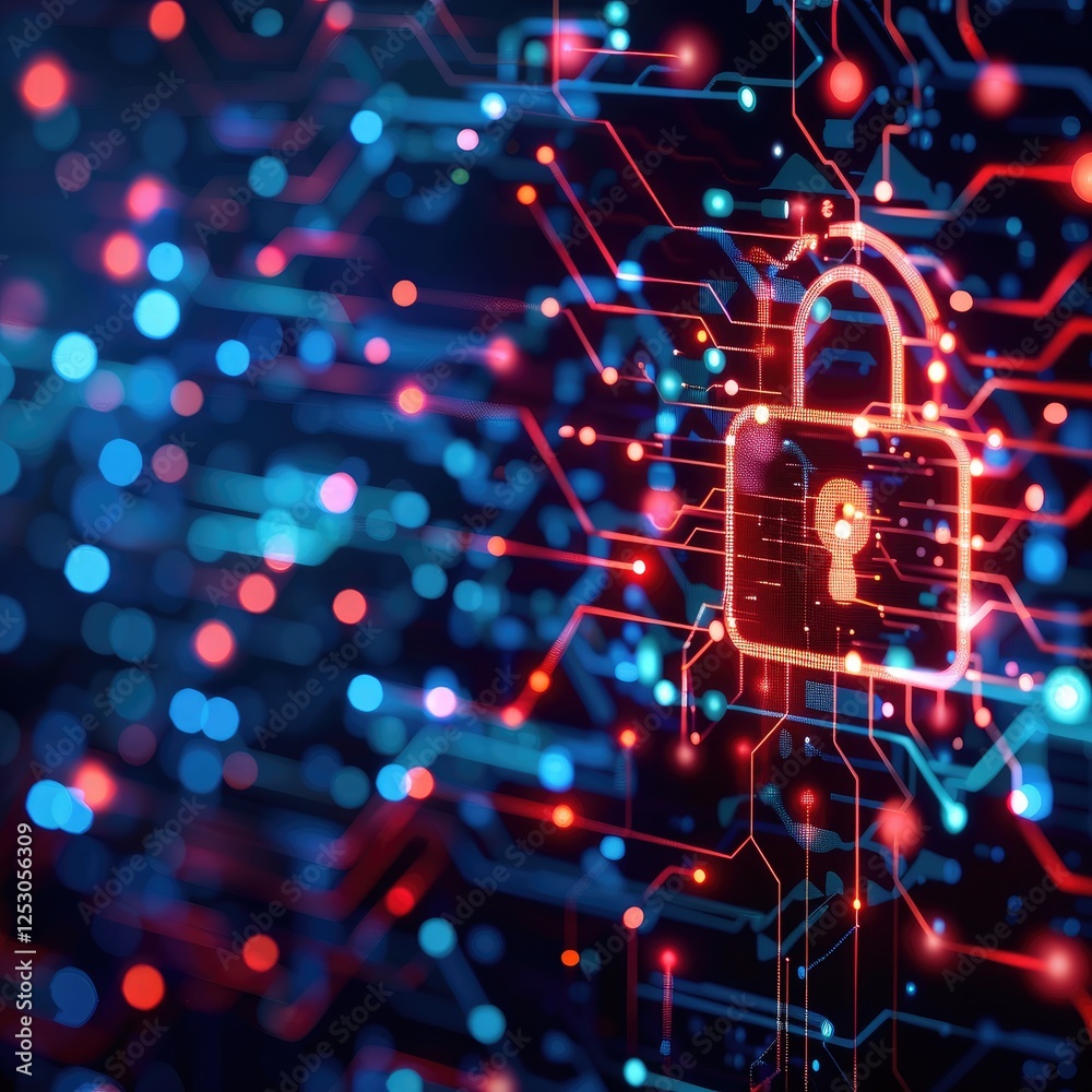 Poster digital lock icon amidst colorful circuit patterns representing cybersecurity and data protection.