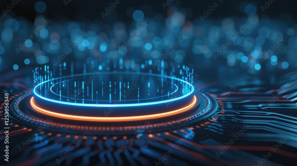 Poster futuristic digital interface with glowing circular elements and circuit patterns.