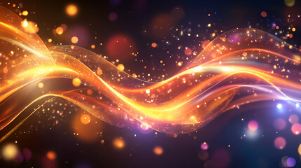 Fototapeta premium A glowing abstract wave of golden digital energy flowing seamlessly in a futuristic cyber environment. The fluid motion represents AI-powered data transformation, quantum energy flow, and smart comput