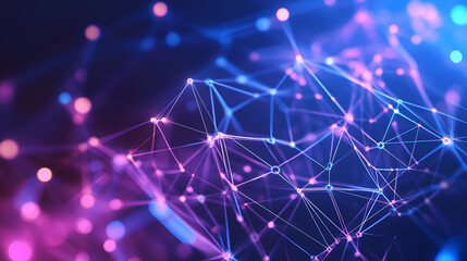 A glowing blue and pink neural network with interconnected digital nodes forming an abstract cyber grid. The visualization symbolizes AI learning, deep neural processing, and blockchain intelligence.