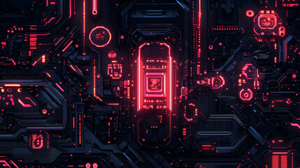 A futuristic red and black AI-driven control system resembling an advanced cyber interface. The illuminated details suggest deep learning, quantum computing, and cyber security.