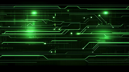 A green cyber circuit board with interconnected glowing pathways, symbolizing blockchain networks, AI-driven technology, and advanced digital processing