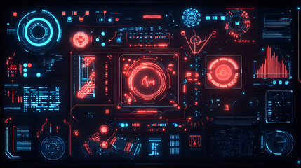 A glowing red and blue futuristic interface displaying digital control panels. The sci-fi-inspired UI represents high-tech AI intelligence and cybersecurity.