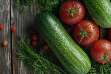 Pepinos y tomates frescos con gotas de agua, sobre una superficie de madera.