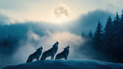 Howling wolves under full moon create mystical atmosphere in snowy landscape. scene captures beauty of nature and wild spirit of these majestic animals