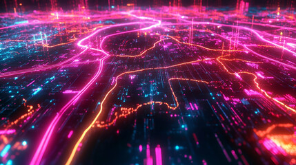 A neon pink futuristic map of interconnected pathways, resembling an advanced AI-powered navigation system or a smart city data flow.