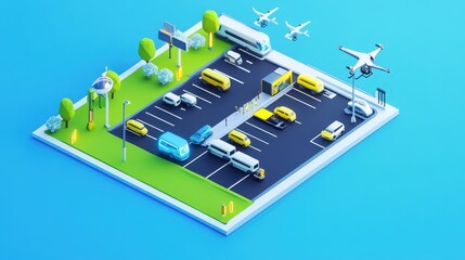 Isometric 3D Low Poly Style Depiction of a Bustling Transportation Hub with Vehicles, Drones, and Green Spaces