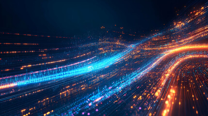 A bright blue and orange wave of digital lights forming a futuristic data highway, symbolizing ultra-fast data transfer, artificial intelligence, and quantum computing.
