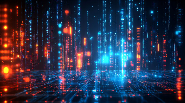 A neon-lit futuristic digital environment with glowing blue and orange vertical light structures, representing cyber security, AI, and next-gen technology.