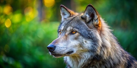 Obraz premium Majestic Gray Wolf Profile Portrait: Close-up Aerial View of a Wild Canis Lupus