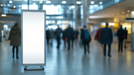 A blank roll up banner stands prominently in the lobby of a bustling business environment. The empty white canvas invites businesses to showcase their advertisements creatively, enhancing visibility